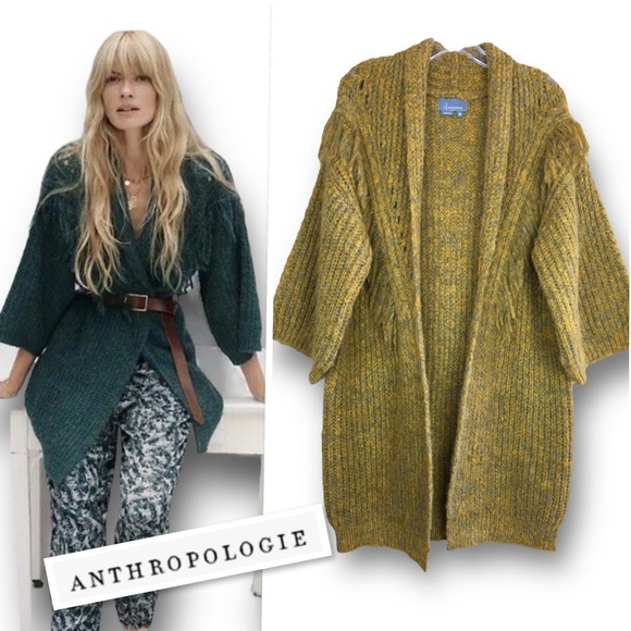 Anthropologie Stevie Fringed Knit Kimono Cardigan In Mustard Color One Size - Picture 1 of 10